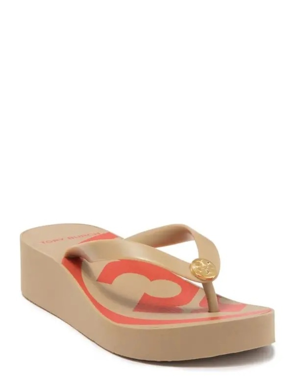 Tory Burch Beige Wedge Flip Flop with Coral Inlay and Gold Logo 6.5